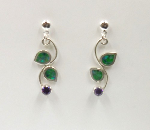 Click to view detail for DKC-2062 Earrings, Dangle, Opal Inlay, Amethyst CZ Flowers $96